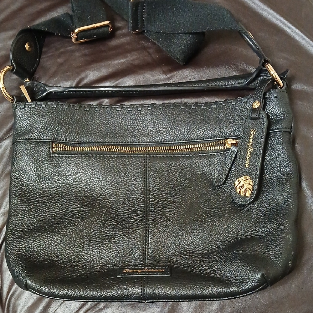 Tommy Bahama Black Leather Shoulder Bag with Gold Details